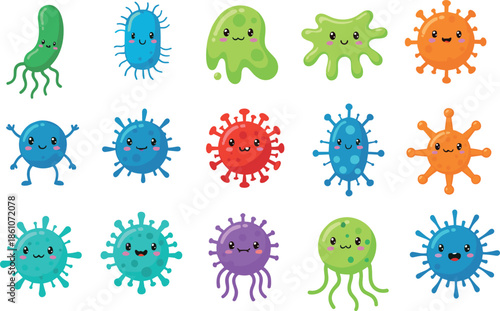 Cute cartoon bacteria and virus characters collection vector illustration showing colorful microbiology germs for education, healthcare awareness, children learning, and medical design concepts