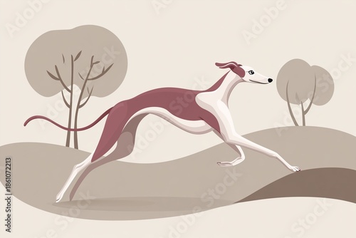 Whippet running in minimalist landscape, graceful sighthound illustration