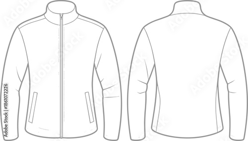 Vector technical flat sketch of a full zip track jacket template, front and back view, blank apparel design mockup vector.