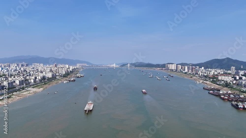 Aerial Photo of Xijiang River Vessels and Zhaoqing City, Guangdong China