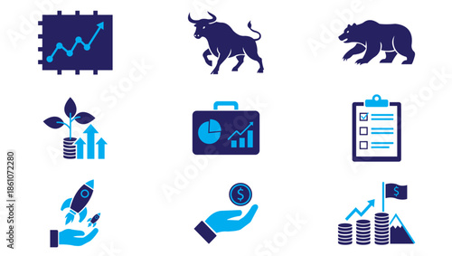 Investment and Business Strategy Icons Set in Flat Blue Style