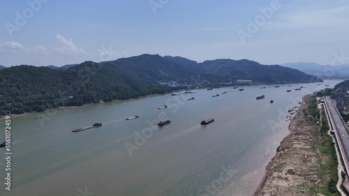 Xijiang River Cargo Vessels Zhaoqing Guangdong Aerial Photo