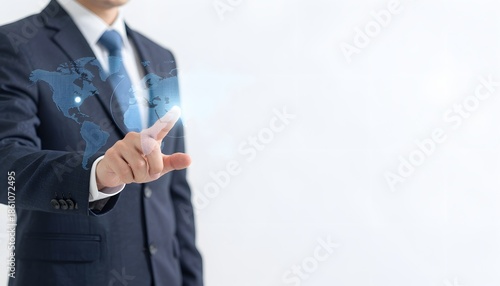 Business Professional Interacting with Digital World Map Interface in Corporate Office Environment