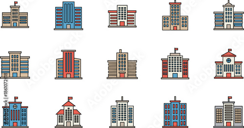 School and university buildings vector set featuring educational institutions campuses and academic architecture icons