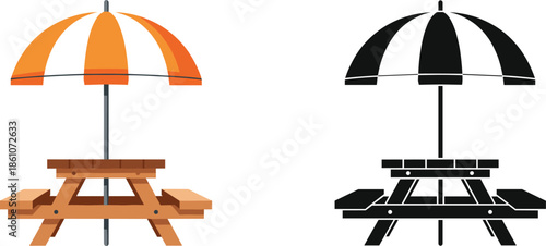 Picnic table with umbrella vector set featuring outdoor furniture colored and silhouette summer illustration