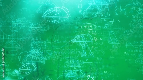 Animation of scientific formulas written on a board with geometric shapes