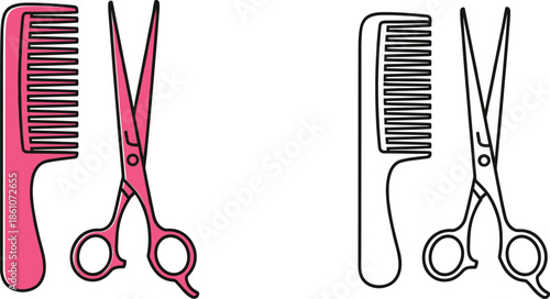 Hairdressing tools vector set featuring comb and scissors colored and outline salon grooming illustration