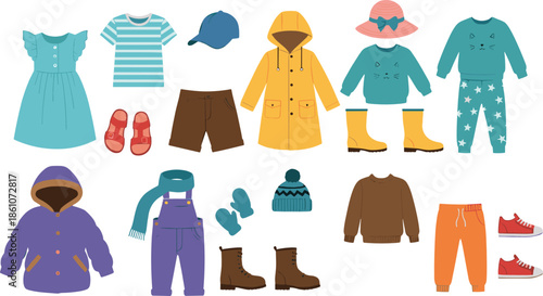 Kids clothing and accessories collection vector illustration featuring seasonal outfits, jackets, boots, hats, and casual wear for children fashion design and retail use