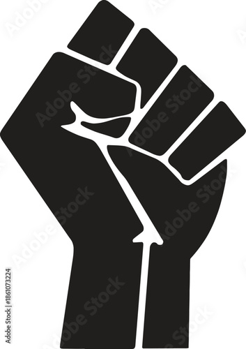 Raised fist with arrow pointing up, protest and activism symbol, black and white icon