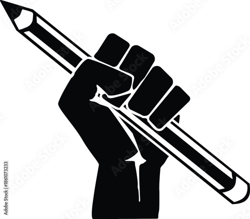 Fist holding pencil icon for protest, activism and drawing, black and white vector symbol
