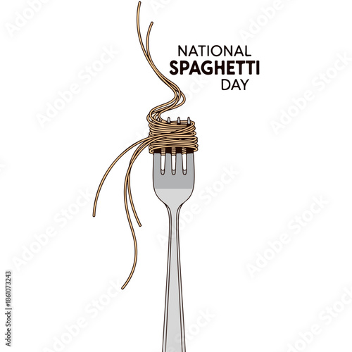 A fork with spaghetti wrapped around it and loose strands, celebrating National Spaghetti Day on a white background. Perfect for food blogs, social media posts, and culinary promotions.