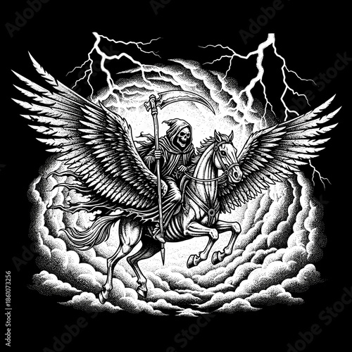 Grim Reaper Riding a Winged Horse Through Stormy Skies.