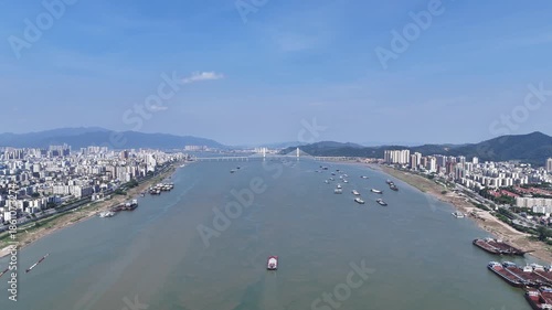 Aerial View of Xijiang River and Vessels, Zhaoqing Guangdong China