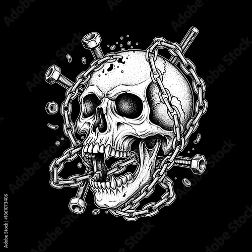 Detailed Skull Illustration with Chains and Bolts.