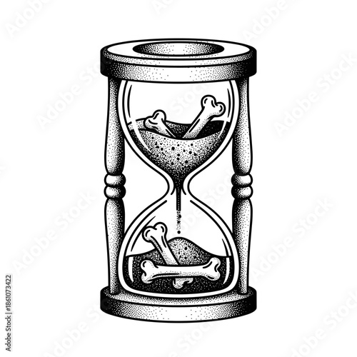 Hourglass filled with bones symbolizing the passage of time.