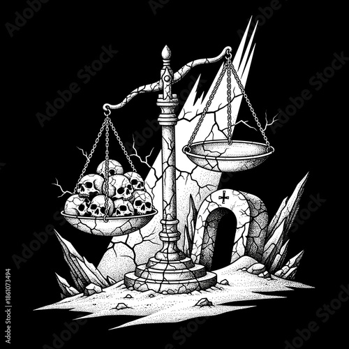 Scales of Justice with Skulls and Cracked Stone Elements.