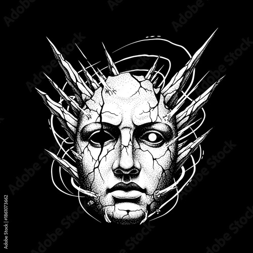 Cracked Stone Face with Spiky Crown and Swirling Lines.