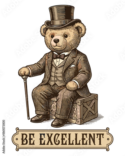 Elegant teddy bear in a vintage tuxedo, top hat, and bow tie, holding a cane while sitting on a crate, with the inscription 'BE EXCELLENT' promoting sophisticated conduct and high standards.