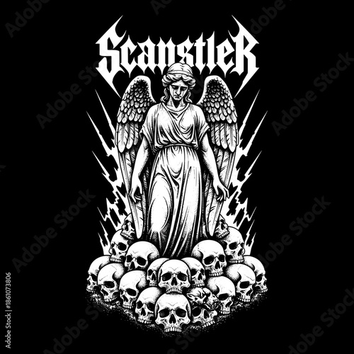 Angel statue standing on pile of skulls with wings spread wide.