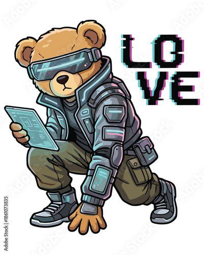 Futuristic teddy bear in cyberpunk-style gear, wearing VR goggles and a tactical jacket, holding a tablet, with glitchy 'LOVE' text, symbolizing digital connection and future of relationships.