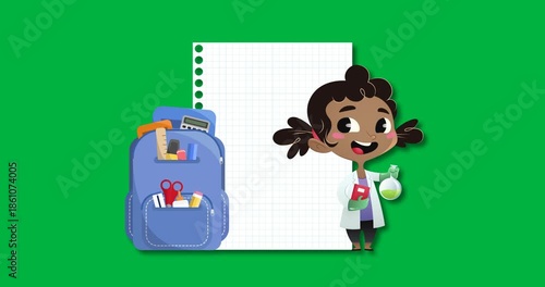 Book, school bag and girl in lab coat icons against black background