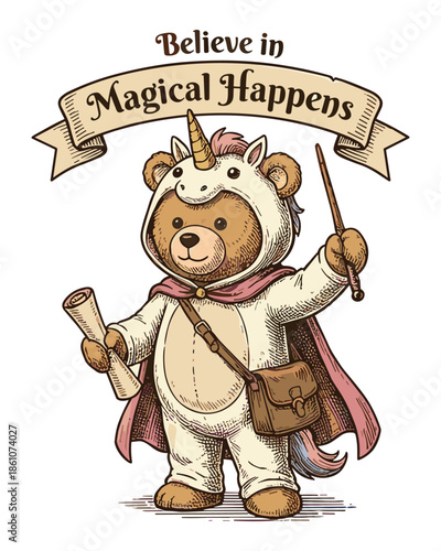 Bear in a unicorn costume holding magic wands and scroll, vintage illustration style, fantasy adventure theme.