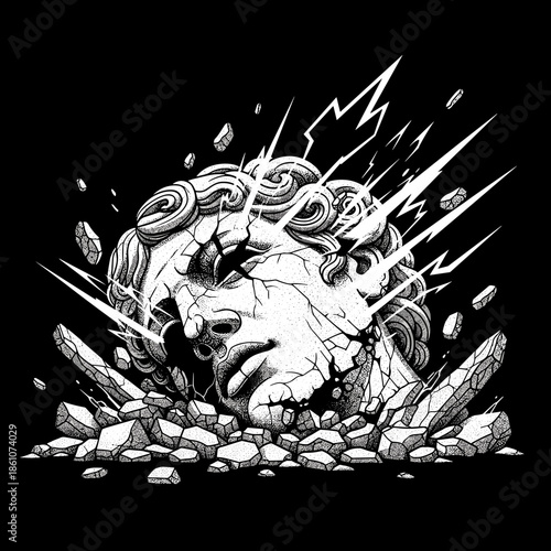 Ancient Greek Sculpture Head Shattering with Lightning Strikes.