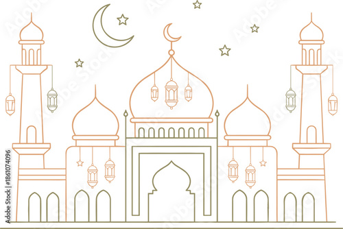 Mosque, Islamic, line, art, illustration, Ramadan, Eid, Mubarak, Kareem, crescent, moon, stars, lanterns, building, architecture, vector, white, background, prayer, culture
