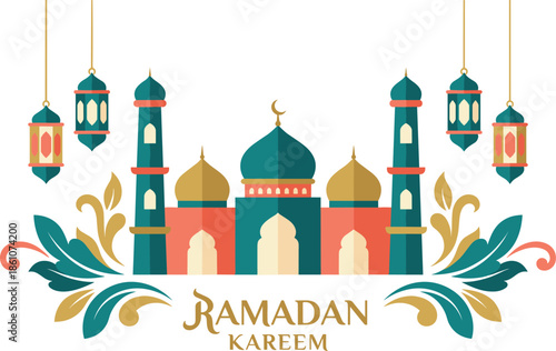 Mosque, Islamic, line, art, illustration, Ramadan, Eid, Mubarak, Kareem, crescent, moon, stars, lanterns, building, architecture, vector, white, background, prayer, culture