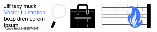 Security measures, fire safety, workplace inspection, forensic analysis, corporate safety, business tools. Magnifying glass, briefcase wall with flame icons. Security and fire safety visualization