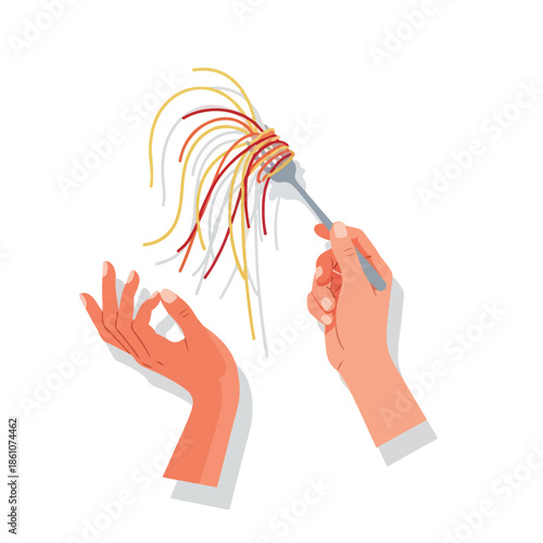 A hand holding a fork with colorful spaghetti strands. Perfect for food, recipes, and cooking illustrations.