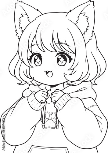 Cute Chibi Neko Cat Girl Wearing a Hoodie Line Art Illustration - Vector Drawing for Coloring Pages, Anime Manga Fans, and Creative Projects