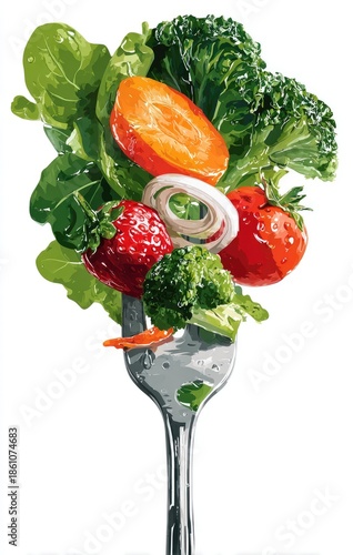 Veggies, fruits, greens stacked on a fork against white