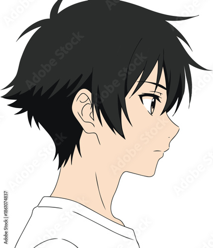 Minimalist Black and White Line Art Profile of an Anime Boy - Vector Illustration for Manga Style Graphics, Character Portraits, and Modern Aesthetic Minimalist Design