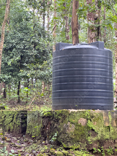 Black plastic water storage tank in forest setting, elevated rainwater harvesting system among trees and vegetation.