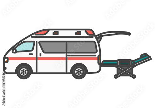 救急車とストレッチャー シンプル　かわいいイラスト｜福祉車両シリーズ