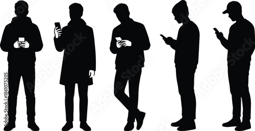 Five male silhouettes using smartphones, anonymous people texting, mobile communication concept, modern technology addiction illustration isolated on white background design