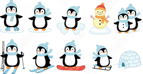 Cute winter penguin characters vector illustration set featuring snow activities, scarf hats, skiing snowboarding poses, and icy seasonal cartoon designs for children projects