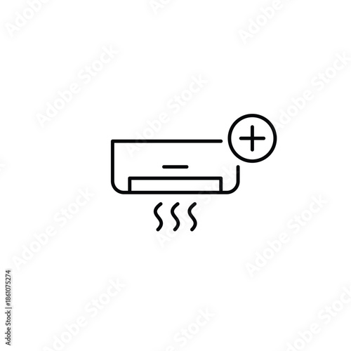 AC unit and plus symbol. Cooling boost, air upgrade, climate enhancement, temperature add, comfort increase. Pixel perfect, editable stroke vector icon