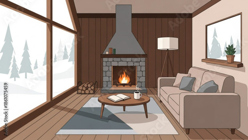 Cozy living room with fireplace and snowy landscape outside during winter season