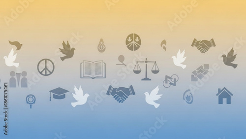 Collection of peace symbols, doves, and harmony icons in a gradient background