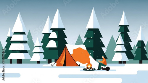 Person camping in snowy forest with tent and campfire, winter wilderness adventure scene