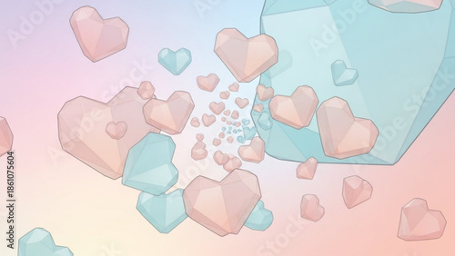 Pastel blue and pink crystal hearts exploding from a gemstone on a soft gradient background