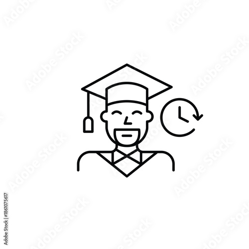 Man wearing graduation hat and clock. University learning, higher education degrees. Pixel perfect, editable stroke vector icon