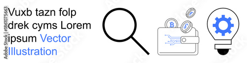 Cryptocurrency, digital wallets, innovation, technology, analysis, blockchain solutions. Digital wallet with coins, magnifying glass and lightbulb with gear symbol. Cryptocurrency and digital