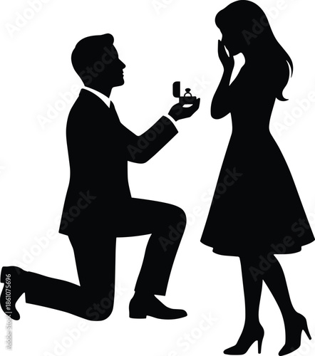 Man proposing marriage on knee silhouette, romantic engagement moment, love commitment concept illustration isolated on white background design minimal art