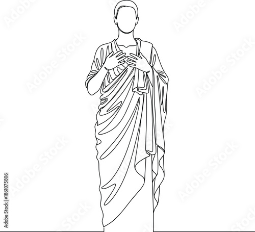 Ancient Roman Man in Toga Continuous Line Art Drawing Standing with Hands on Chest Minimalist Vector Illustration