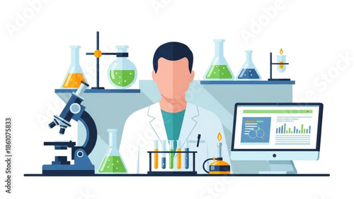 Scientist in lab coat working in laboratory with microscope and various scientific equipment