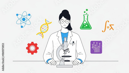 Female scientist examining sample through microscope surrounded by scientific symbols