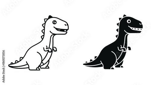 Cute cartoon dinosaur characters in black and white